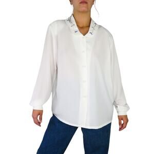 1980s Koret Vintage White Blouse With Embroidered Flowers on Collar Large
